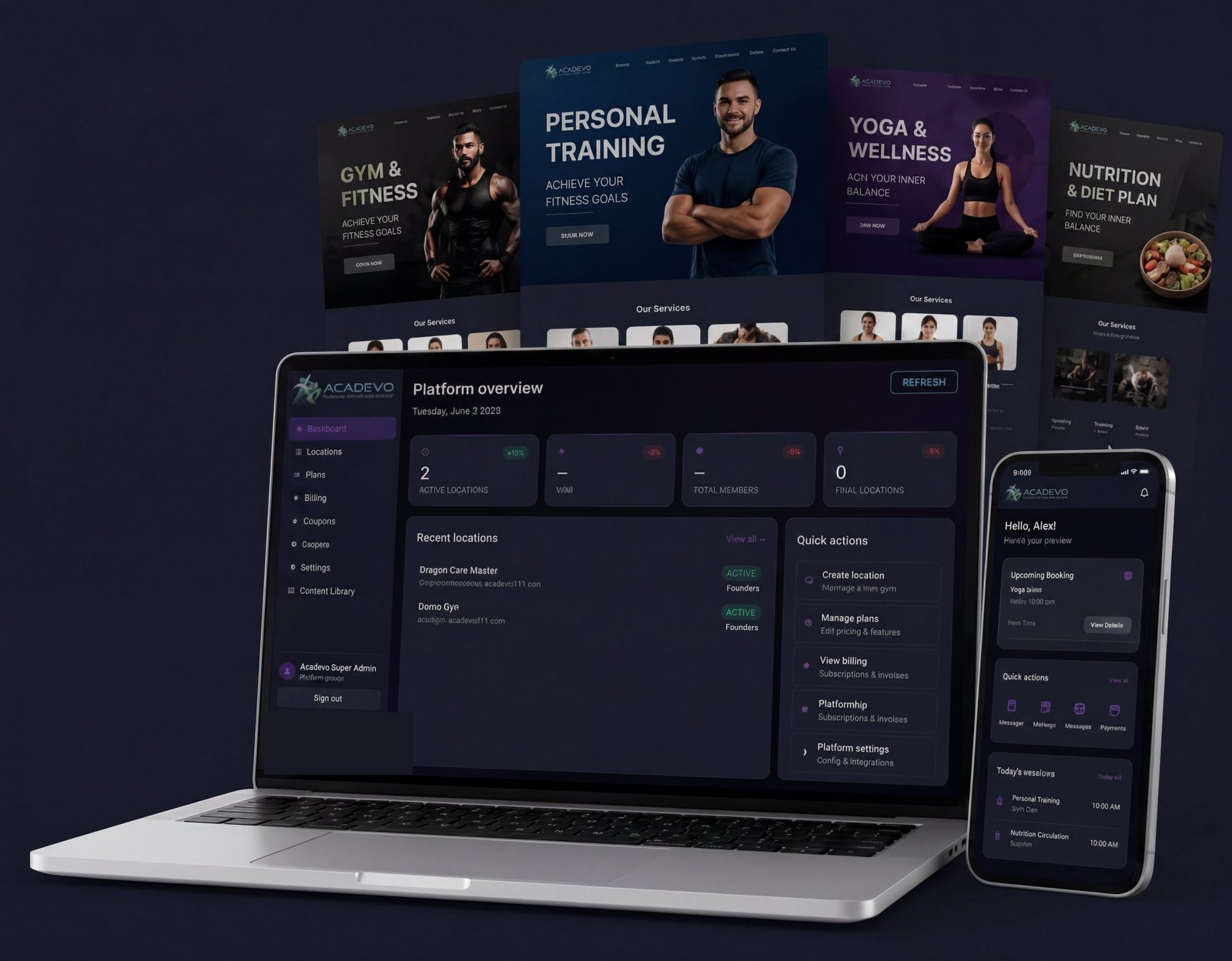 Branded fitness studio websites and member app created with the Acadevo instant website builder