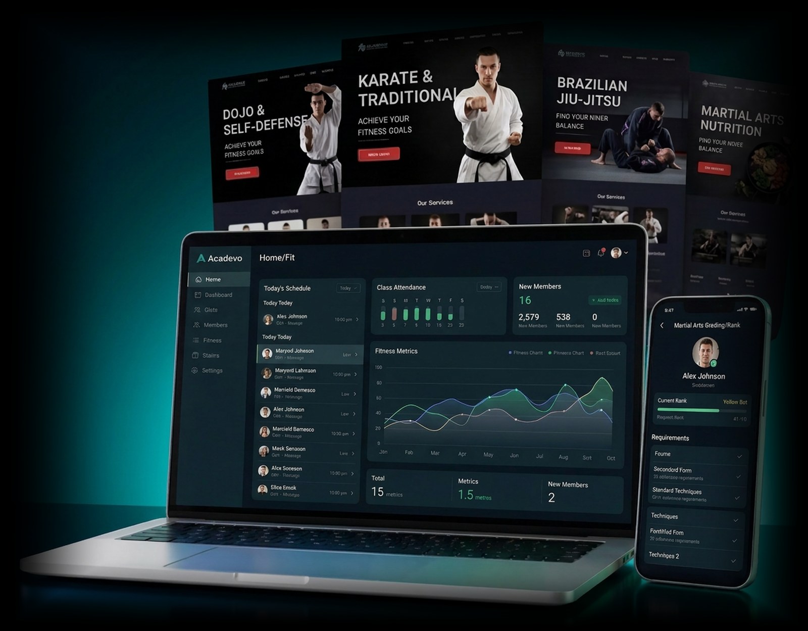 Acadevo Martial Arts Pro — branded websites, member app and dashboard