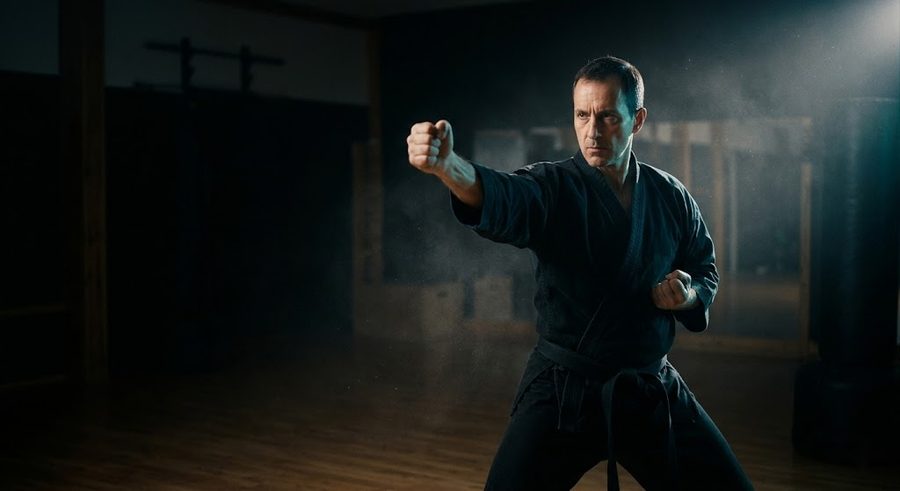 Martial artist training in a dojo