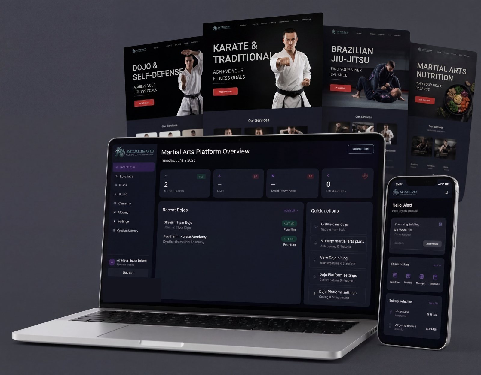 Branded martial arts academy websites and member app created with the Acadevo instant website builder