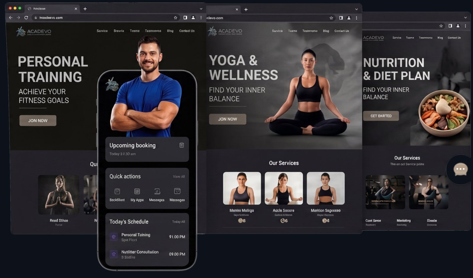 Three branded studio websites and a member app created with the Acadevo instant website builder
